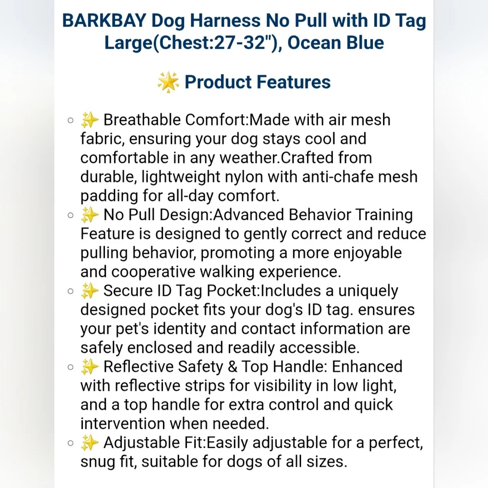 BARKBAY Dog Harness No Pull with ID Tag Large Chest: 27